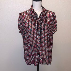 East 5th black polka dot ruffle front button down blouse